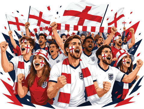 Passionate England football fans watching a FIFA World Cup match with painted faces, waving flags and scarves. Premium flat vector illustration for sports projects.