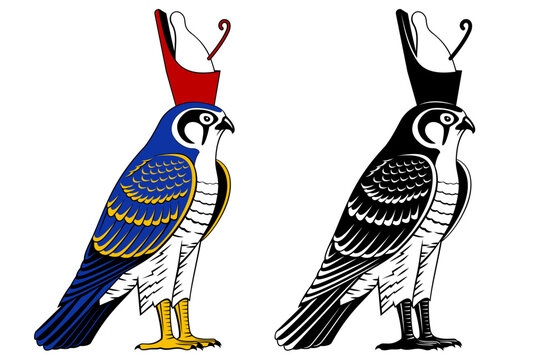 Falcon in Ancient Egyptian Crown. God Horus Symbol. Color and black and white versions.