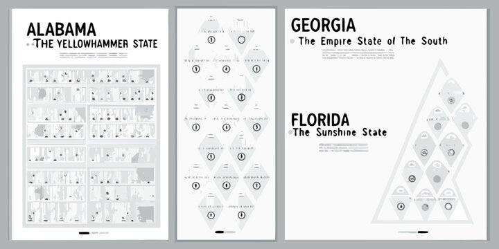 State Map Posters Featuring Alabama Georgia And Florida Vector Illustration