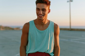 Fototapeta premium Smiling athletic young man in a tank top at sunset by the coast for lifestyle and wellness banner background