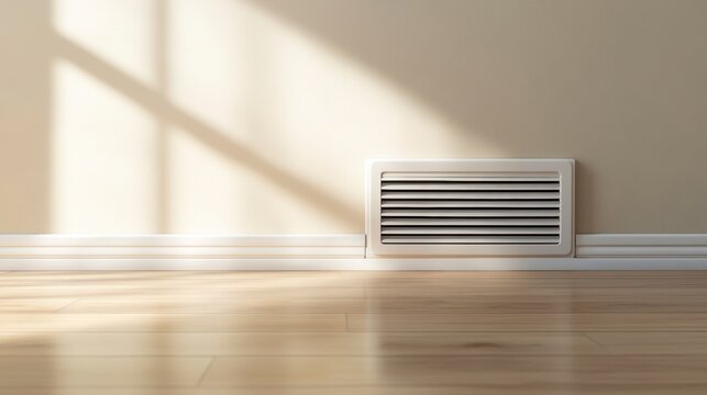 White ventilation grill on beige wall, sunlight on wooden floor.