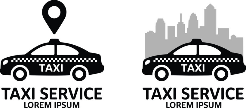 Taxi Service Logo Collection with City Skyline and Location Pin Vector Design Set