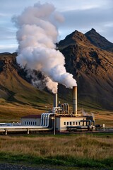 Naklejka premium Geothermal power plant emitting steam beneath dramatic rocky cliffs