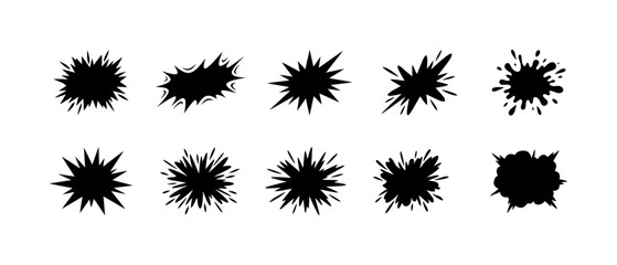 Comic speech bubble set with cartoon explosion shapes burst effect elements and boom bang cloud stickers for graphic design project collection of black silhouette icons on white background art. © Fountain