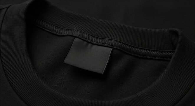 High-angle close-up of the neckline of a black crewneck garment, showing a blank black fabric care label stitched neatly below the inner collar.
