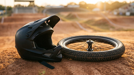 Obraz premium Black full face helmet and bicycle wheel on dirt BMX track at sunset