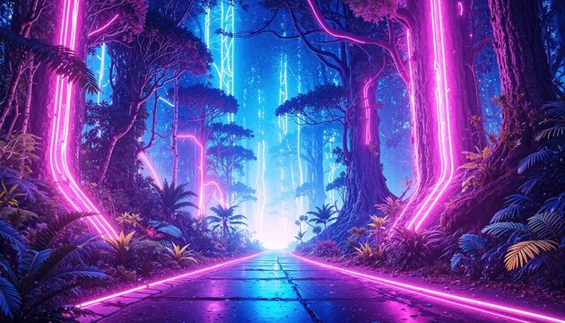 Urban forest path with neon tubes illuminating trees and tropical plants Futuristic road leading into a glowing portal.