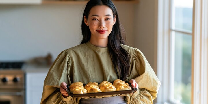 Woman holding tray of freshly baked rolls in kitchen for food blog background and home baking banner