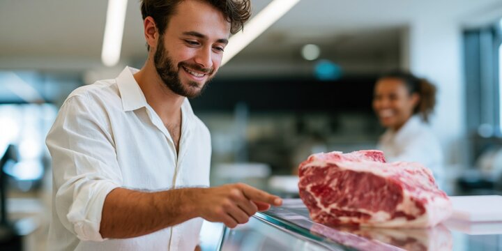 Customer pointing at a premium beef cut on display at butcher counter for poster and food retail banner design
