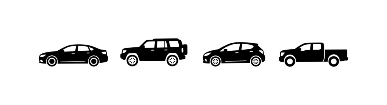 Four different car types shown in side profile, including sedan, SUV, hatchback, and pickup truck, representing various automobile models.