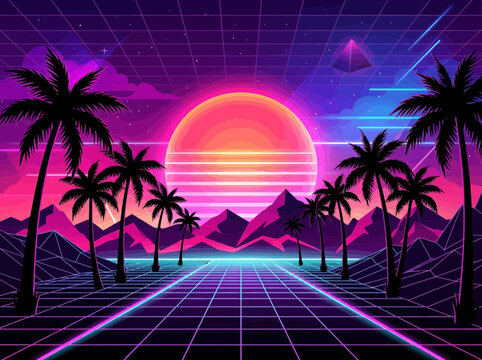 Retro synthwave sunset with glowing sun and silhouetted palm trees on a neon grid.