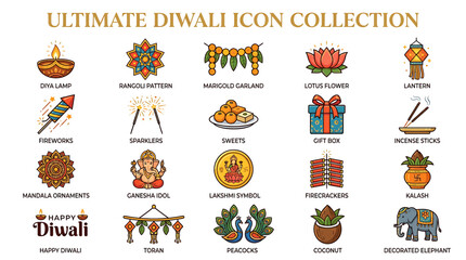 Fototapeta premium Diwali celebration icons showcase various traditional Indian festive elements.