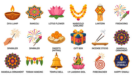 Fototapeta premium Set of colorful Diwali festival icons featuring traditional lamps flowers fireworks and gifts.