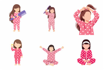Little girl in pink polka dot pajamas doing morning routines like hair care and stretching flat vector illustration set
