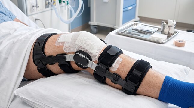 Patient recovering in a hospital bed with an adjustable orthopedic knee brace and bandages after surgery to provide stabilization and support for rehabilitation.