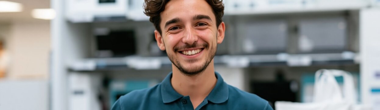 Smiling electronics store associate holding paperwork in retail showroom for banner and website background