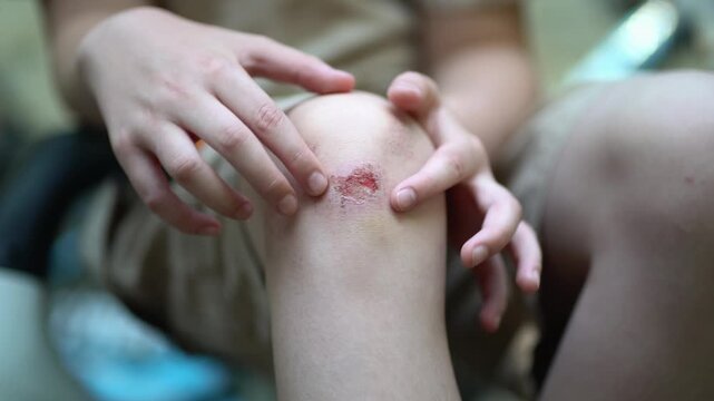 Close-up of a child's knee sore and scraped wound. Hand gently holds and examines the red raw area on the leg, showing details of the minor skin damage and tender spot.
