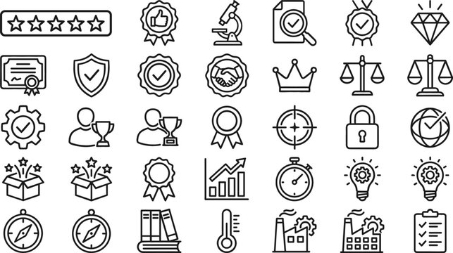 Quality Assurance and Business Compliance Line Icon Set Featuring Certificate, Laurel Wreath, Microscope, Legal Scales, Trophy, and Checklist Symbols for Corporate Trust Governance