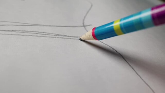 A colorful pencil draws a thin graphite line on white paper in a close-up shot. Concept of graphite conductivity, graphene research, nanotechnology, and artistic creation.