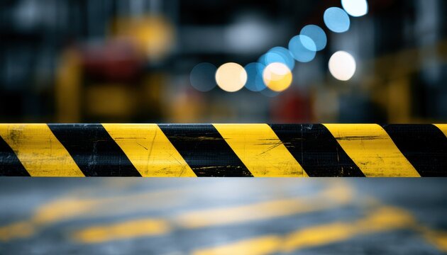 Black and yellow hazard warning tape stretched across an industrial floor. Represents construction safety and site.