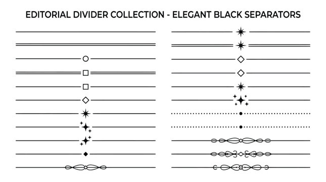 Editorial divider collection, elegant black separators with stars and geometric shapes, minimalist line borders for book layout and graphic design