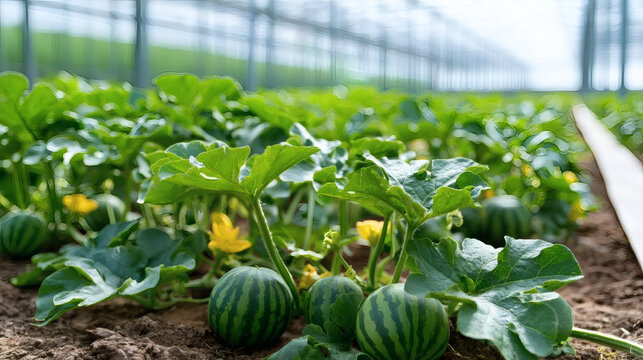 Young watermelons growing in a modern greenhouse, surrounded by green leaves and yellow flowers. Organic farming and sustainable agriculture concept.