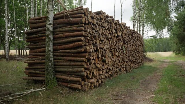 Large stack of cut pine logs sits by a forest path. Industrial timber pile represents the logging industry and forestry production. Raw wood supply serves renewable biomass energy manufacturing.