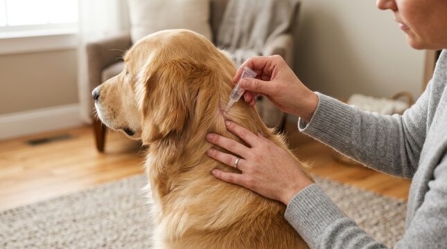 Woman Applying Eye Drops to Golden Retriever Dog