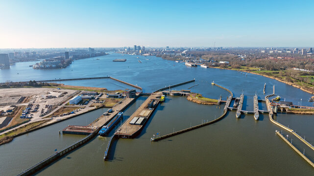 Large lock complex with shipping traffic in Europe