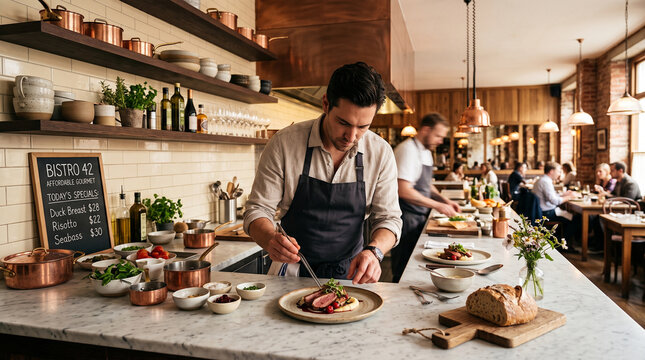 Chef prepares gourmet meal in upscale restaurant with bulk wholesale grocery items