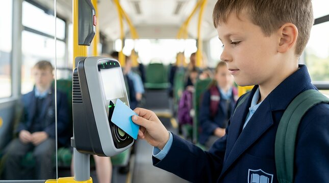 Child scanning bus pass on public transportation