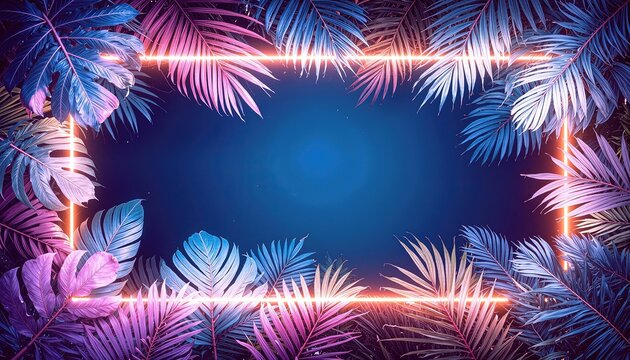 Lush foliage creating a frame around an empty space with pink and blue colors and bright glowing lines.