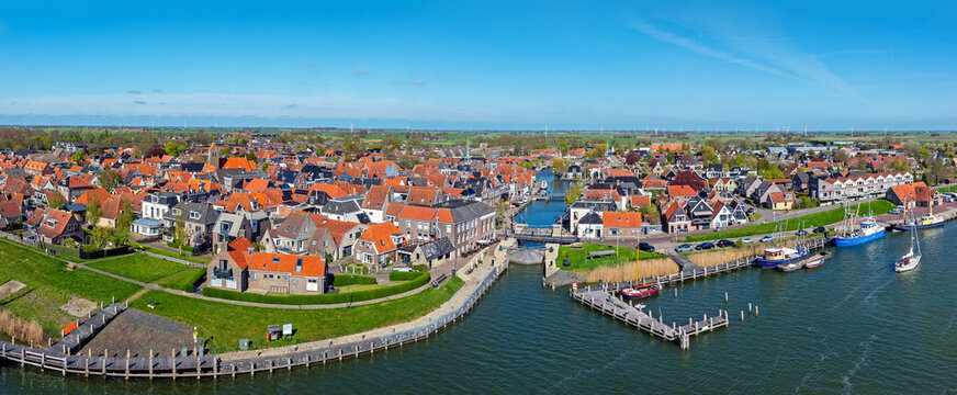 Panoramic view of the coastal town Makkum with waterfront in Friesland the Netherlands