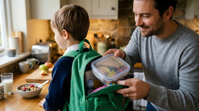 Father packing lunch in kitchen with smiling child holding backpack