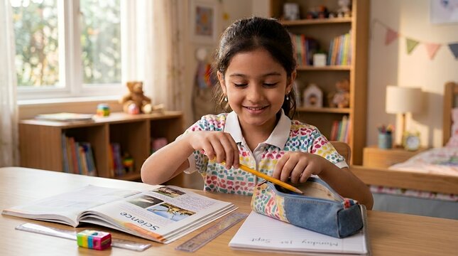 Girl packing pencils into pencil case at desk in classroom