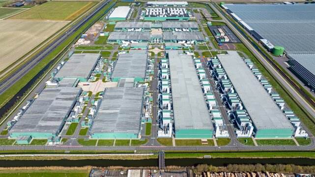 Top view of a large data center complex in a rural landscape in Europe