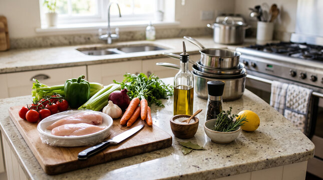 Preparing a gourmet meal with fresh chicken, vegetables, and pantry staples in a modern kitchen for high volume family meal prep and affordable luxury food marketing with smart grocery cost comparison