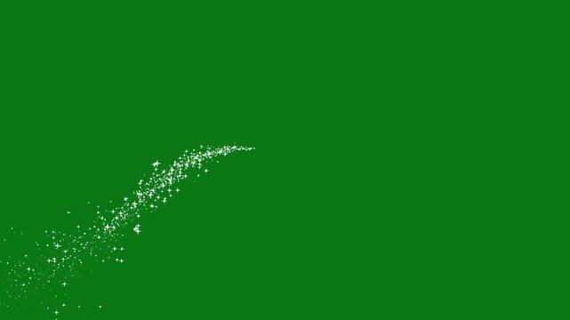 Luxury glowing white sparkle trail animation with magical fairy dust, shimmering twinkle stars, and a smooth disappearing light path for seamless chroma key editing in 4K on green screen.