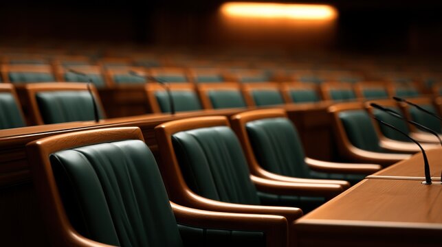 Empty parliamentary chamber with green leather chairs and microphones. Symbolizes political debate, government.