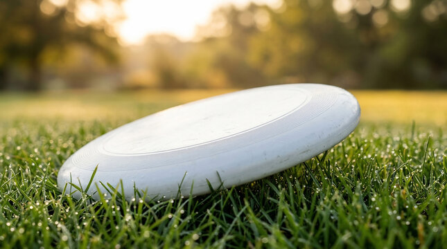 White flying disc resting on a vibrant grassy field during a serene sunrise outdoors