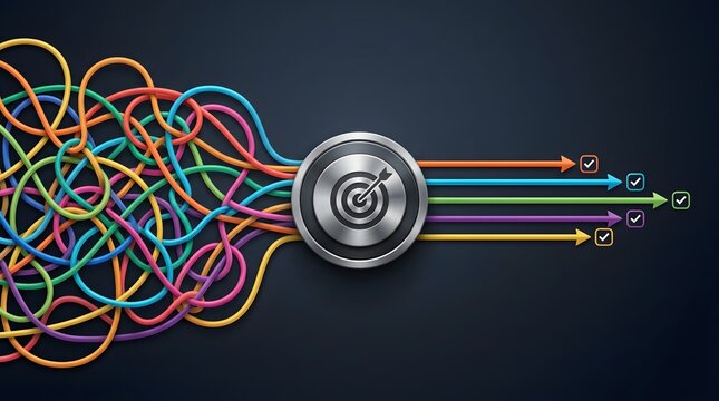 Messy Colorful Lines Entering Target Bullseye Emerging as Straight Checked Arrows Representing Task Completion