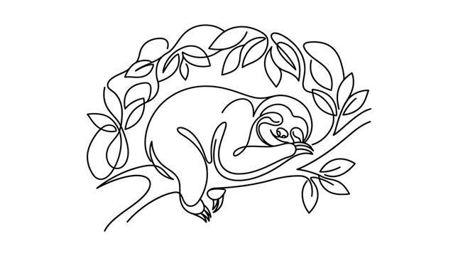 Minimalist continuous one line drawing of a sloth sleeping curled up on a tree branch with leaves, simple black line art vector illustration on a clean white background.