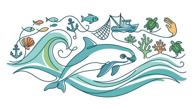 Minimalist continuous line art illustration of an endangered vaquita porpoise swimming among stylized waves, sea turtles, fish, coral reefs, and a fishing boat on a white background.