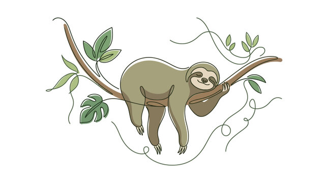 Minimalist continuous line art illustration of a sloth sleeping peacefully on a curved tree branch with tropical leaves and vines, hand-drawn vector style on white background