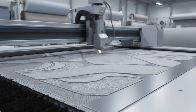 Medium perspective of CNC cutters working on technical textiles demonstrating advanced digital pattern cutting for smart fabric applications.