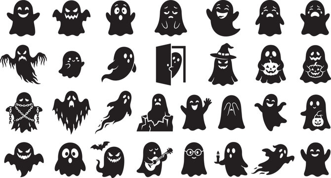 Cute and spooky cartoon ghosts black silhouette vector icon set featuring funny phantoms with facial expressions pumpkins witches and musical instruments.