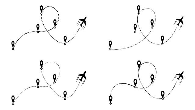 Four airplane travel routes with location pin markers shown in dashed line flight paths.