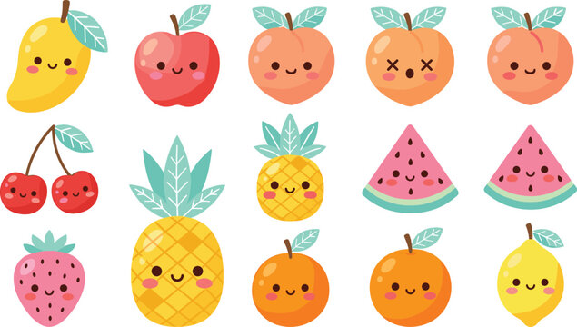 Cute kawaii fruit vector icon set featuring smiling mango apple peach cherry pineapple watermelon slice strawberry orange and lemon cartoon characters