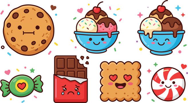 Cute kawaii sweet dessert vector character icon set featuring smiling cookie ice cream bowl sad chocolate bar cracker candy and peppermint sweets