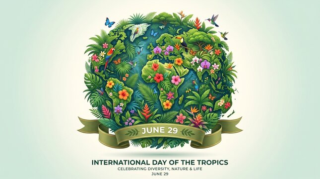 International day of the tropics with tropical leaves and vines